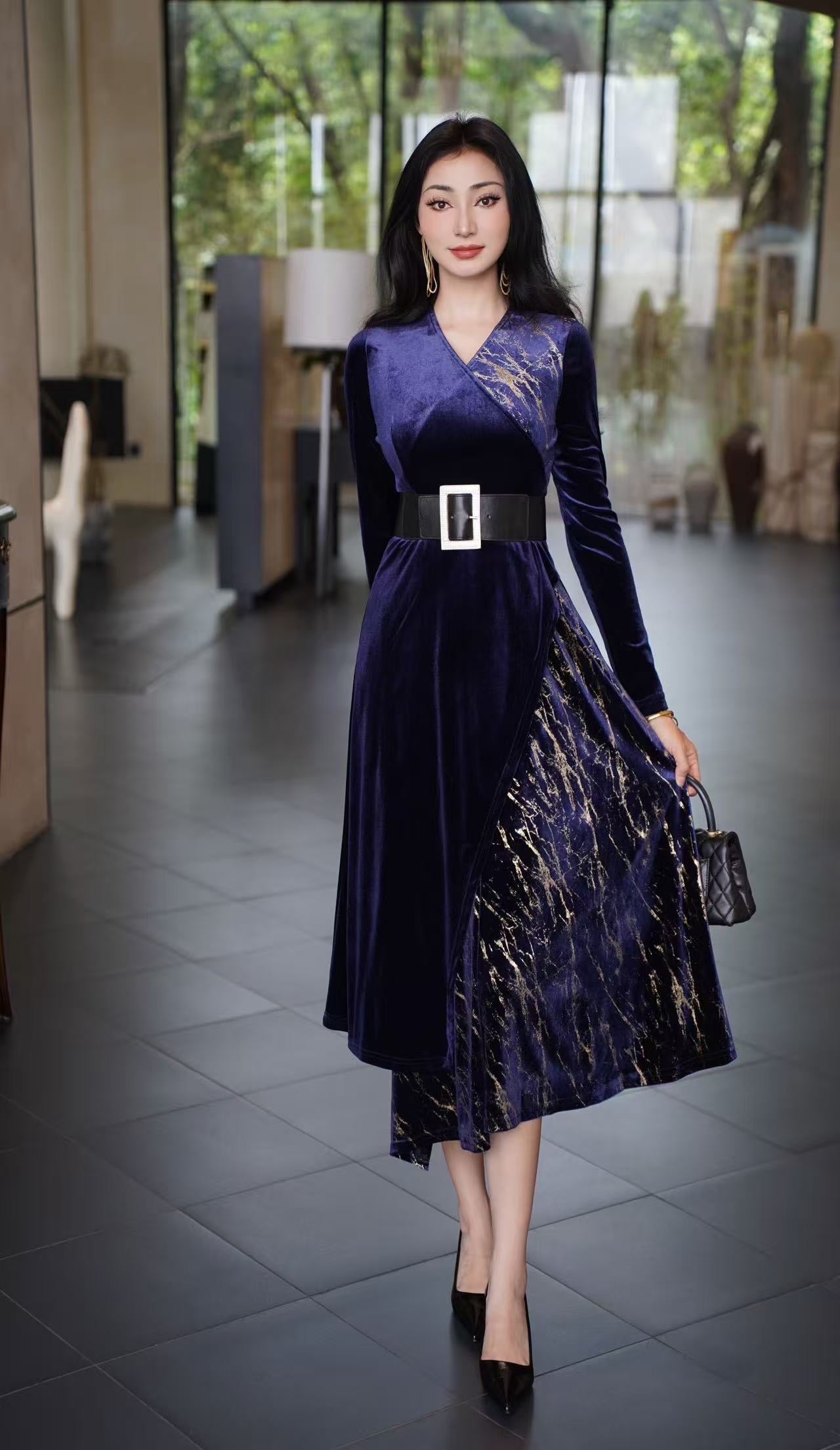 Pankh Reeba Gold Foiling Elegany Velvet Evening Dress with Belt