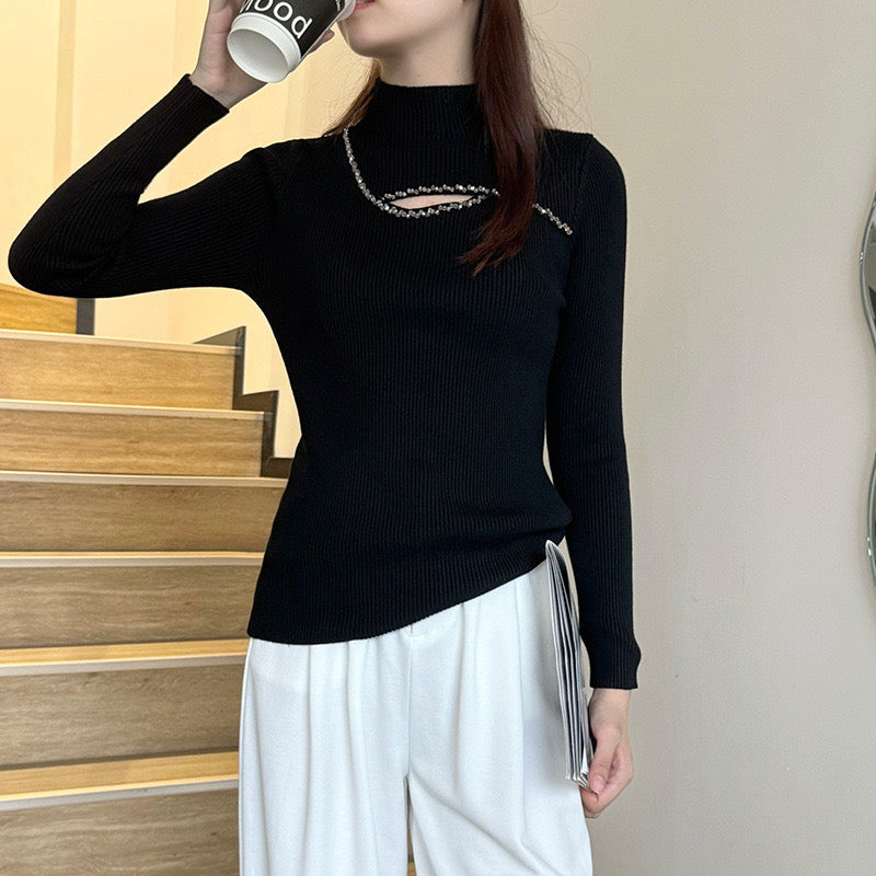 Pankh Ira Stylish Stone Embellished Neck Knit Wool Party Pullover Top