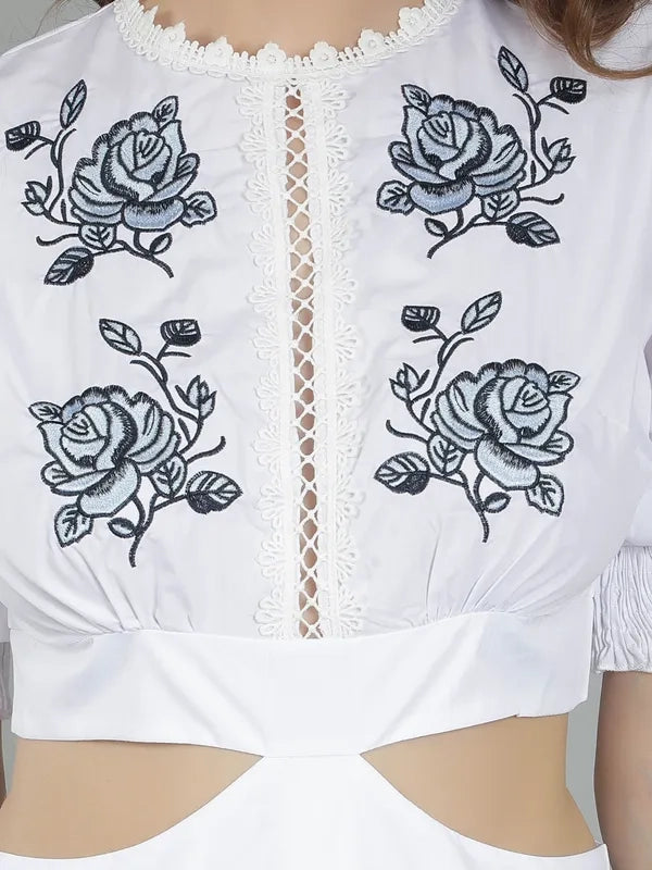 Pankh Layira Embroidery Bubble Sleeve Waist Cut Out Dress