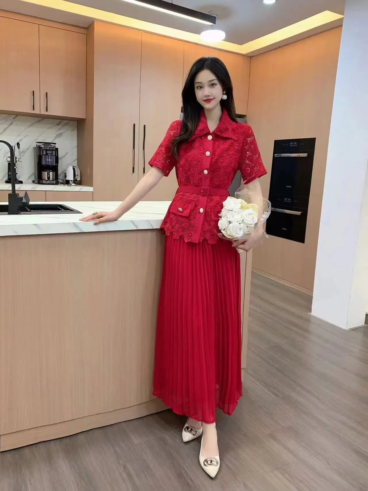 Pankh Kylie Crochet Lace Chiffon Blazer And Pleated Skirt Set With Belt