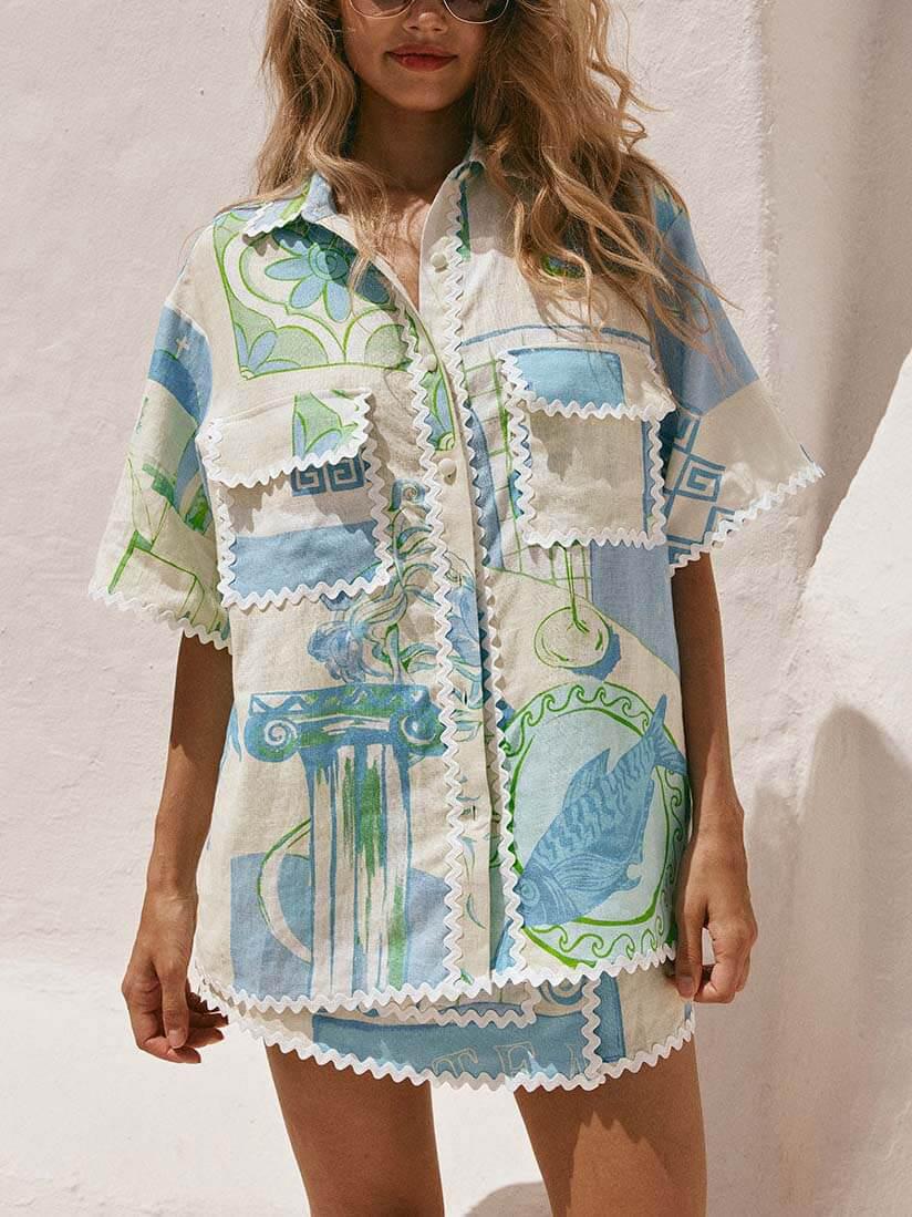 Pankh Iver Printed Short Sleeve Shirt and Wrap Tie-Up Mini Skirt Coord Set
