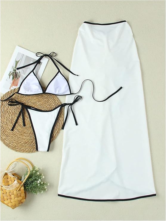Pankh Lewis String Triangle Halter Colorblock Two Peice Bikini With Cover Up Skirt
