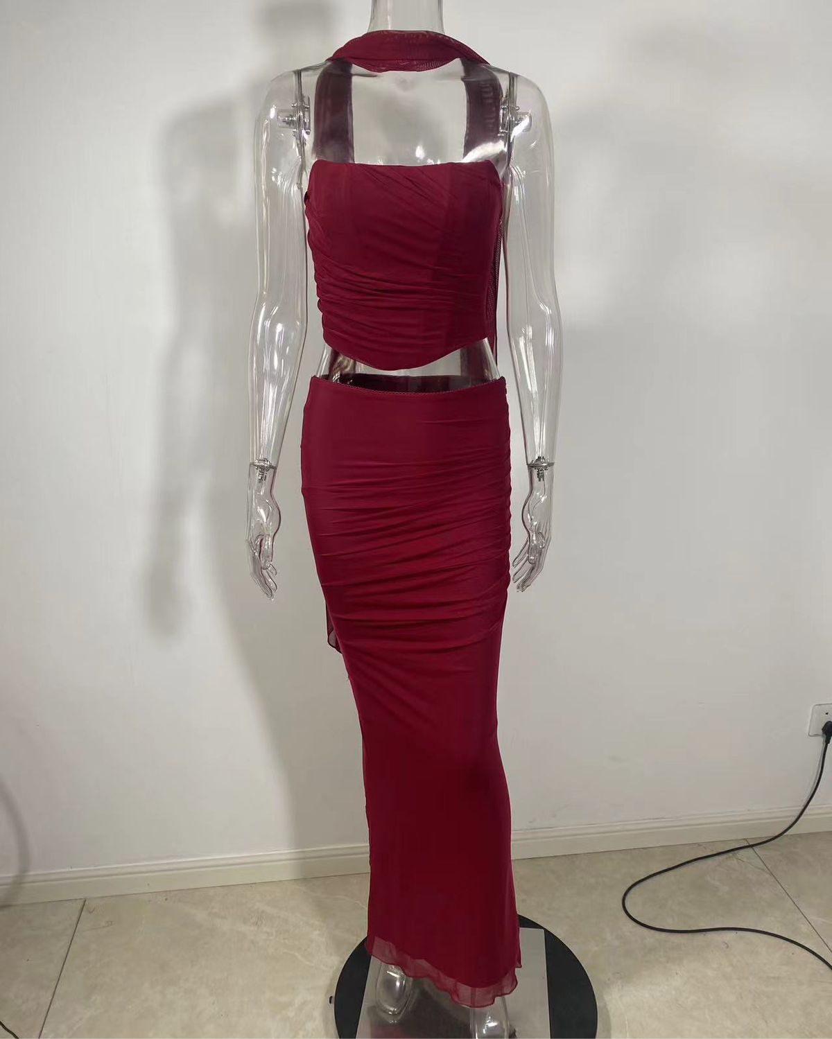 Pankh Celine Corset Top And Ruched Skirt Set With Neck Scarf