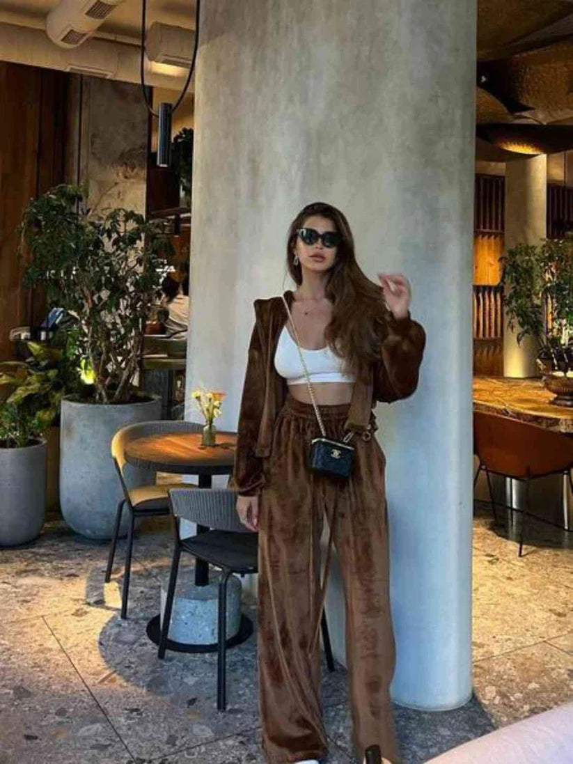 Pankh Aysel Velvet Zipper Hoodie And Wide Leg Pant Coord Set