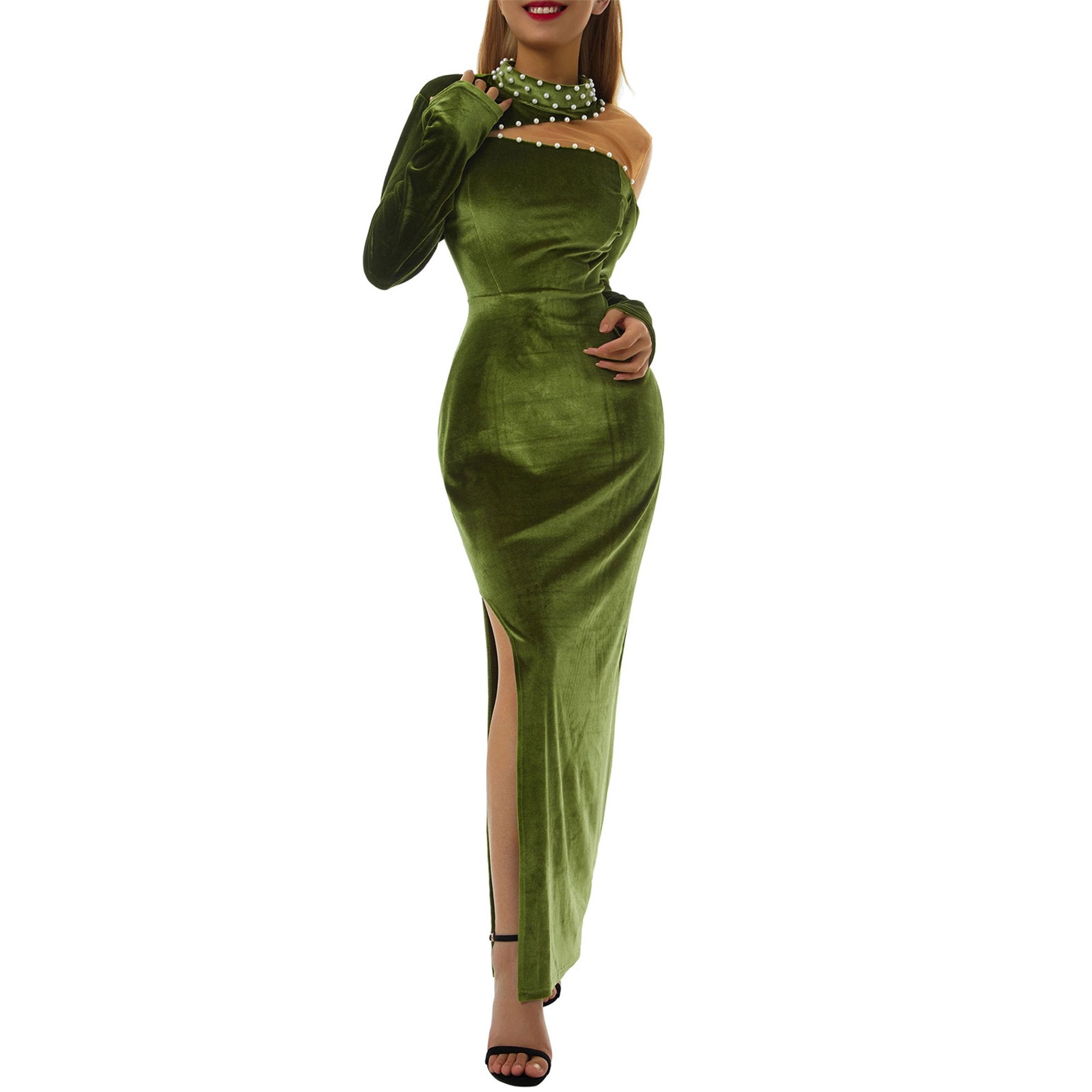 Pankh Mora Velvet Neck Pearl Party Wear Evening Maxi Dress