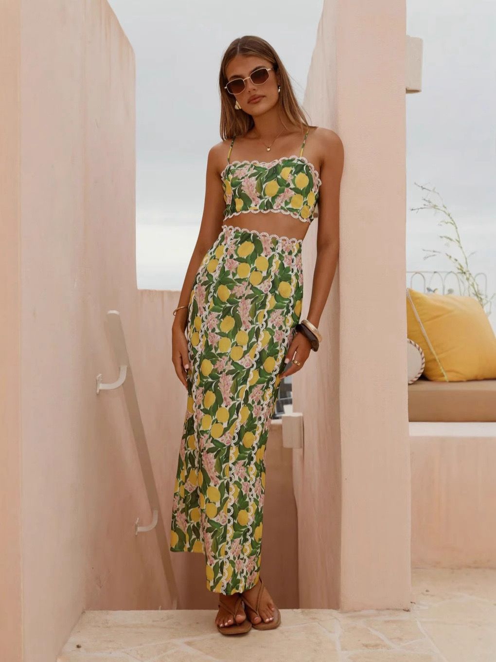 Pankh Eddy Lemon Printed Cami Top And High Waisted Slit Skirt Set