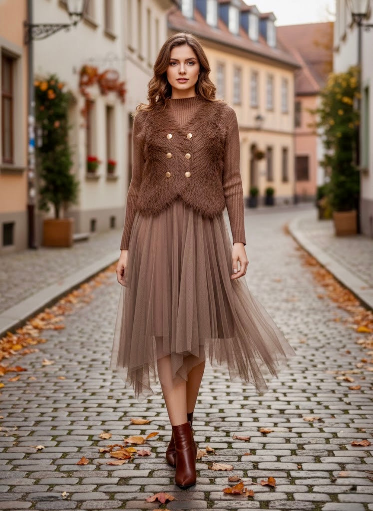Pankh Salvy Woolen Ruffle Dress with Fur Waist Coat