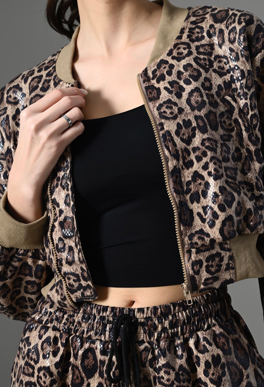 Pankh Leo Leopard Leather Look Cropped Jacket and Jogger Pants Set