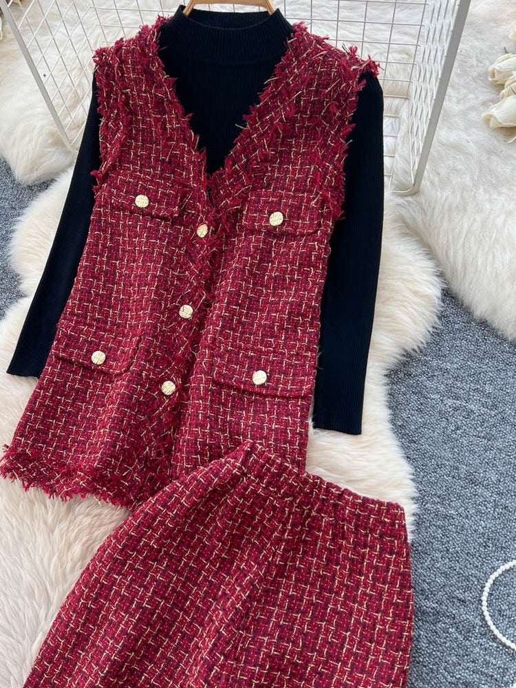 Pankh Fioxie Tweed Sleeveless Blazer and Bootcut Pant with Knit Top 3 Piece Set