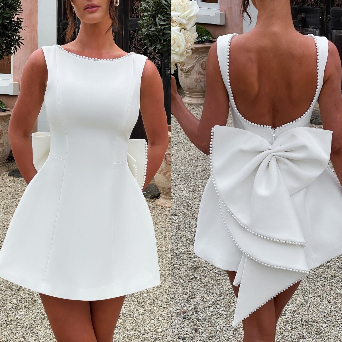 Pankh Tansy Scuba Pearl Detailed Big Back Bow Party Wear Dress