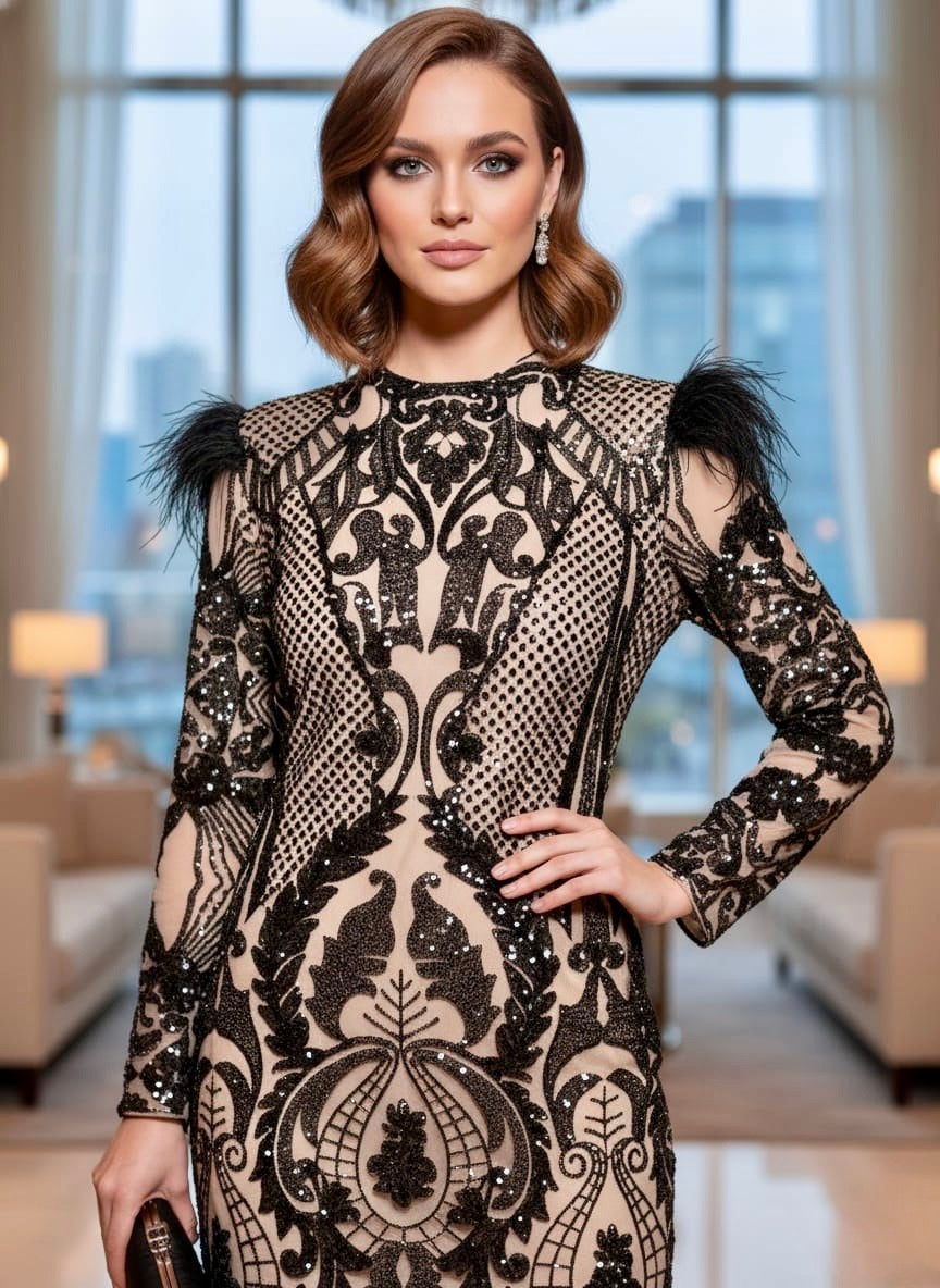 Pankh Zavi Sequin And Fur Luxe Party Short Dress