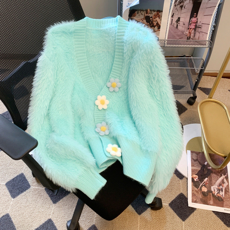 Pankh Sunflower Soft Fur Sweater Cardigan with Detachable Flowers