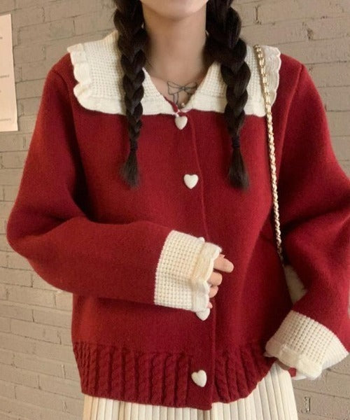 Pankh klint Luxe Collared Heart Button Soft Knit Cardigan Top