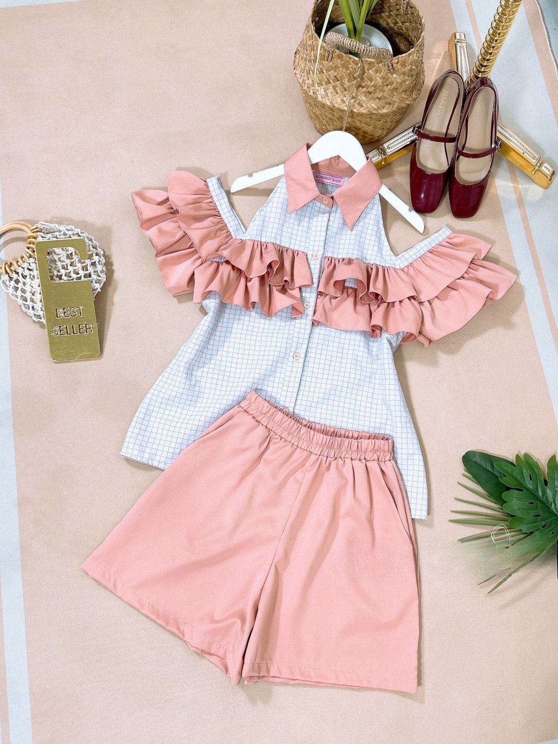 Pankh Velina Casual Cold Shoulder Sleeves Gingham Shirt And Short Set