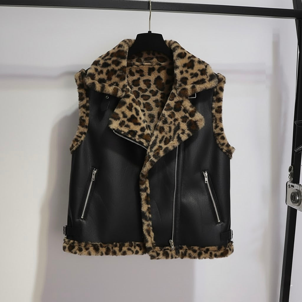 Pankh Laurie Leopard Fur and Leather Sleeveless Teddy Jacket