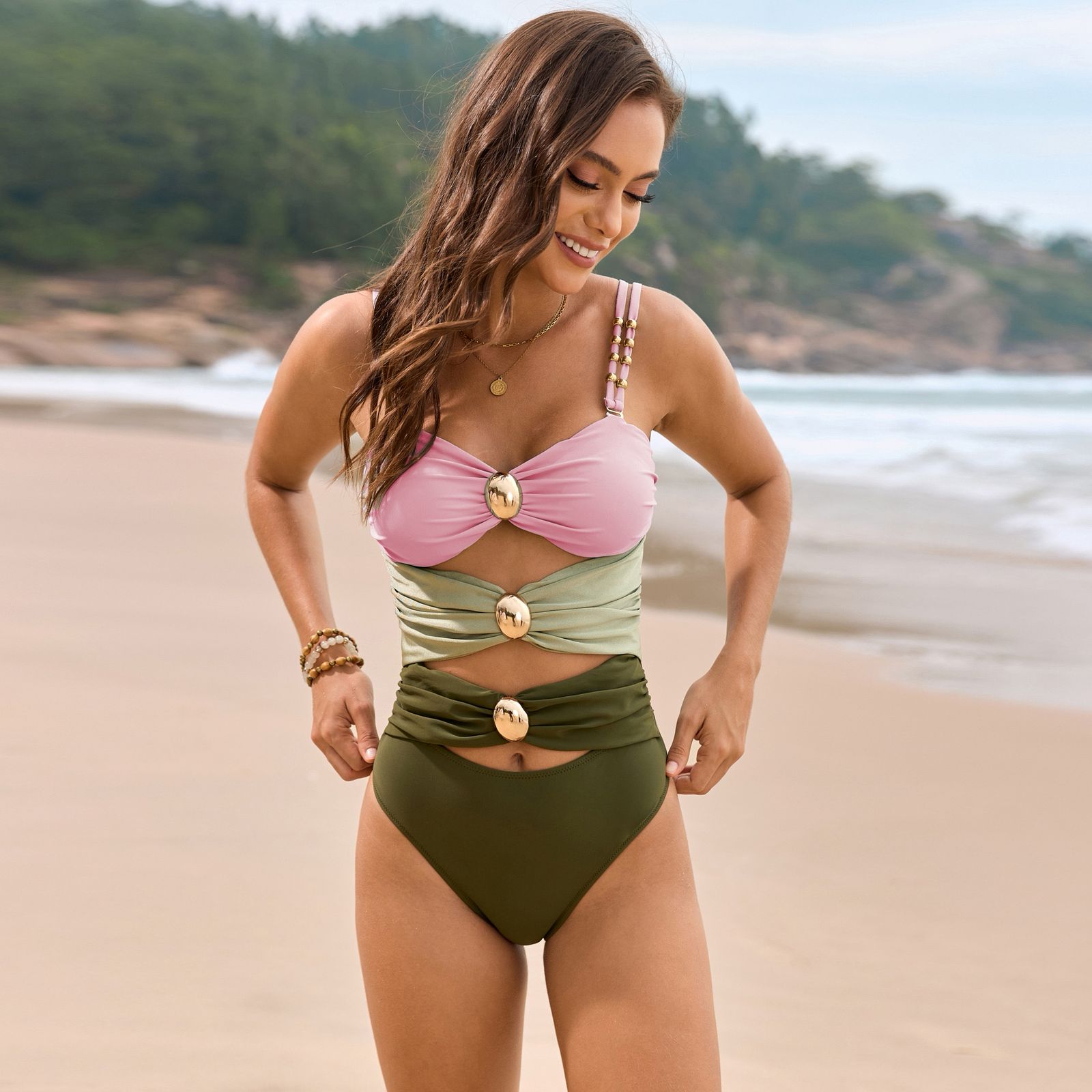 Pankh Finley Metal Buckle Padded Swimsuit With Dual Shade Cover-Up