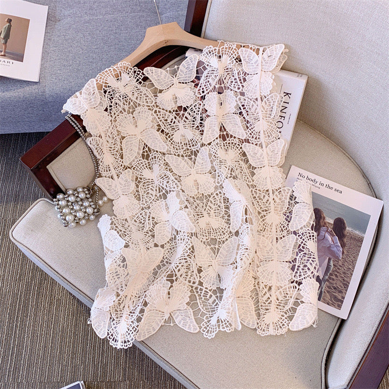 Pankh Zape Butterfly Hollow Cutout Pattern Lace Crochet Top