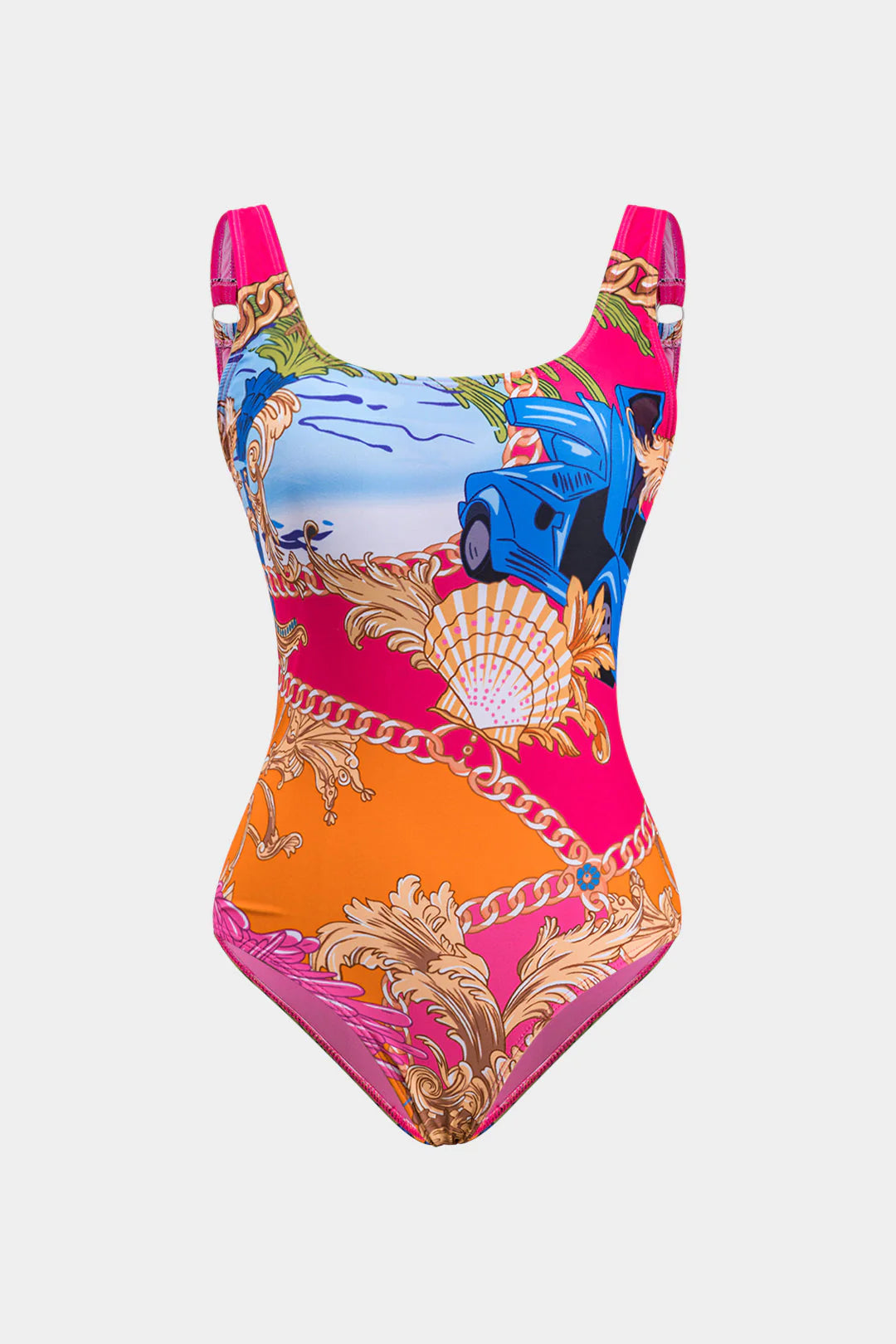Netali Tropical Cartoon Tummy Control Swimsuit And Tie Front Cover Up Set