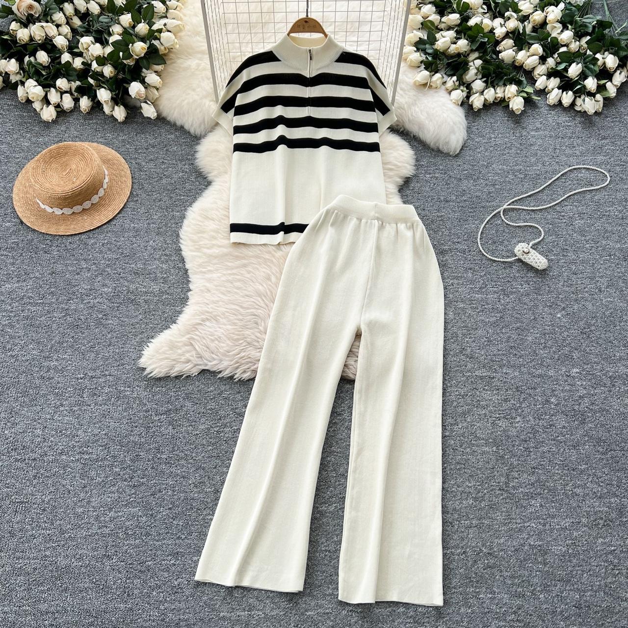 Pankh Anay Casual Stripe Knitted Loose Fit Top And Wide Leg Pants Set