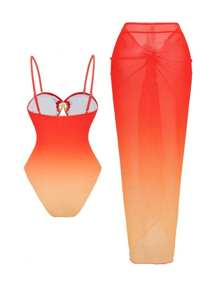 Pankh Ogayi Ombré Shell Monokini & Drape Skirt Coverup Swim Set