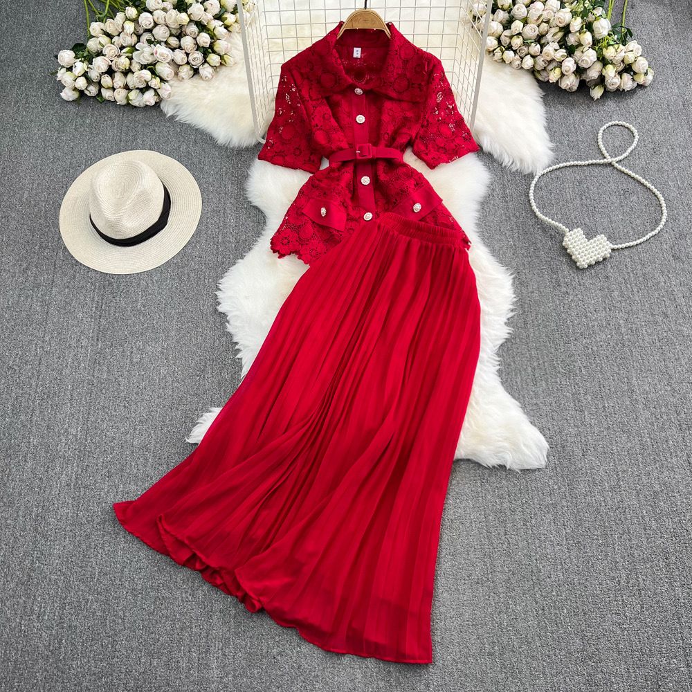 Pankh Kylie Crochet Lace Chiffon Blazer And Pleated Skirt Set With Belt