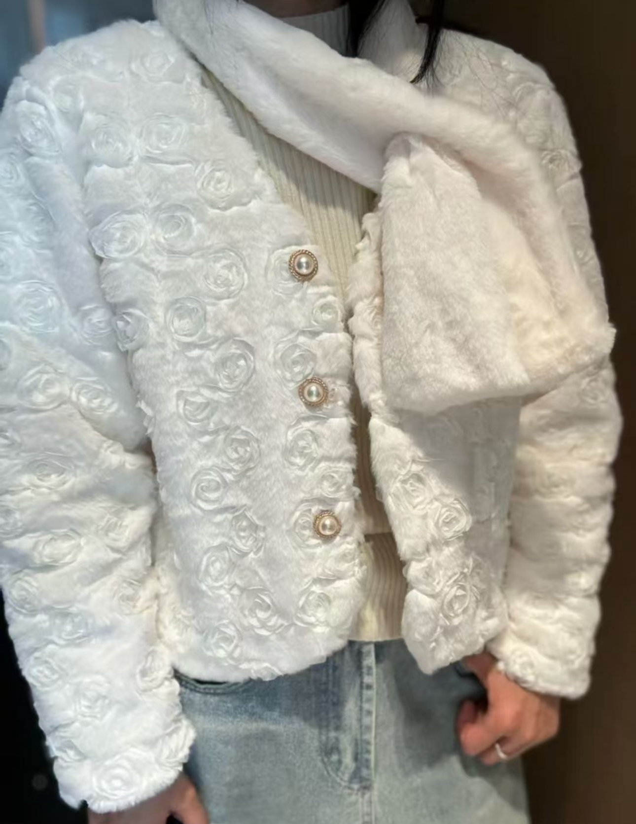 Pankh Flume 3D Rose Teddy Fur Blazer Coat with Muffler