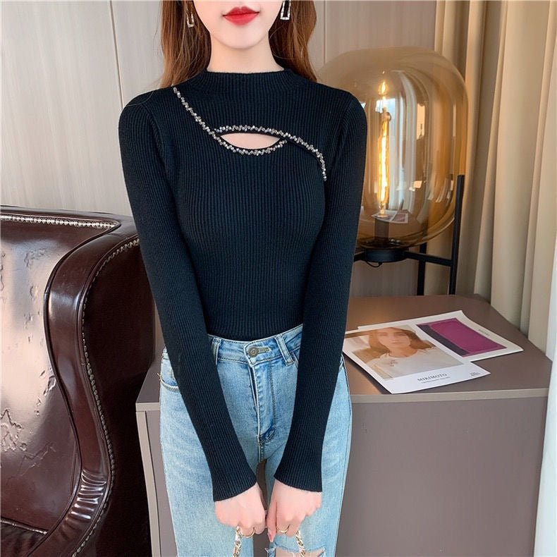 Pankh Ira Stylish Stone Embellished Neck Knit Wool Party Pullover Top