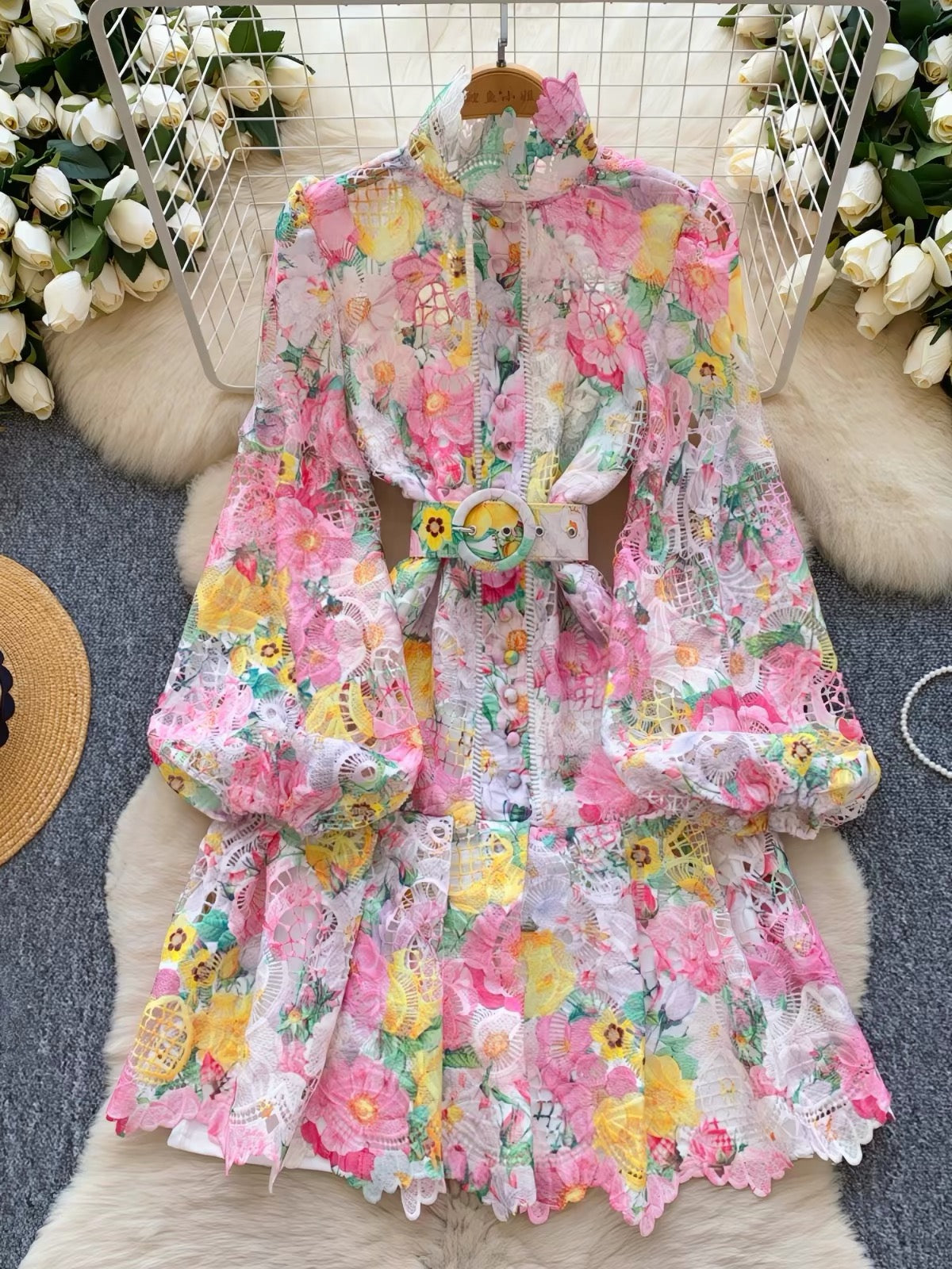 Pankh Skylar Elegant Floral Crochet Lace Long Sleeve Short Dress