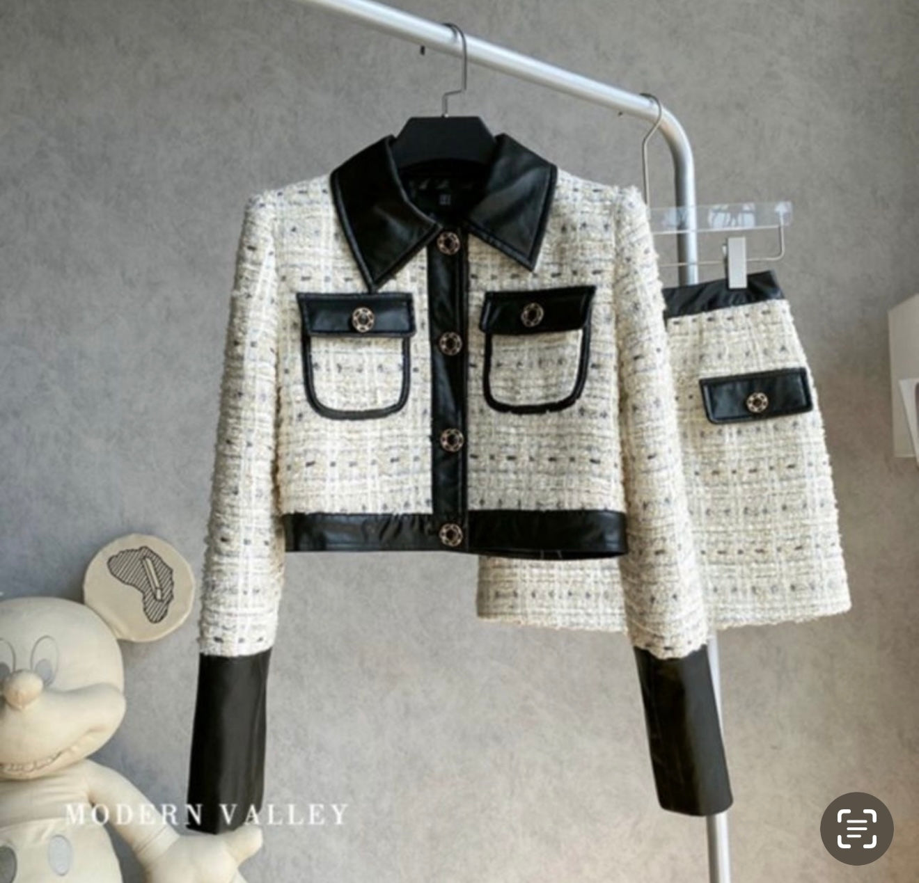 Pankh Rolce Tweed and Faux Croc Leather Blazer and Skirt Coord Set