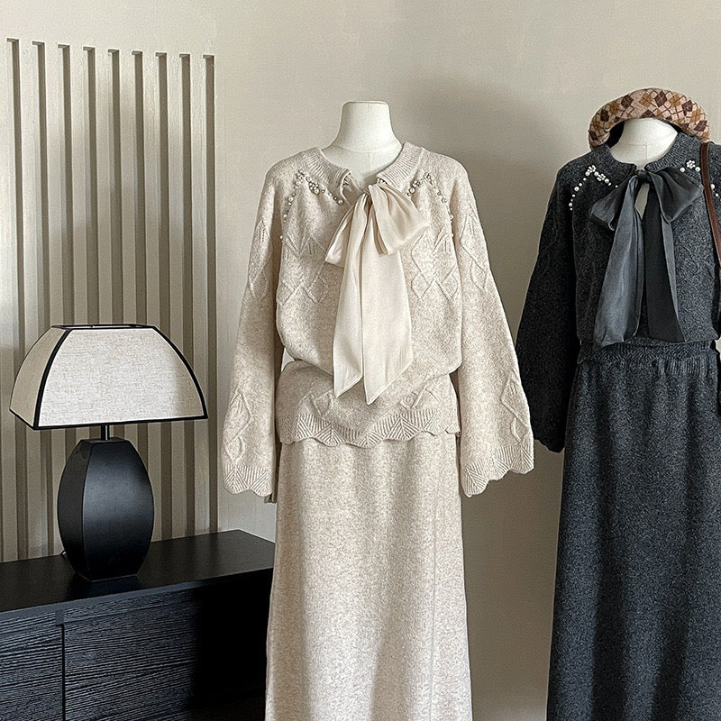 Pankh Tania Designer Pearl Embelished Bow Tie Woolen Top and Skirt Party Wear Set