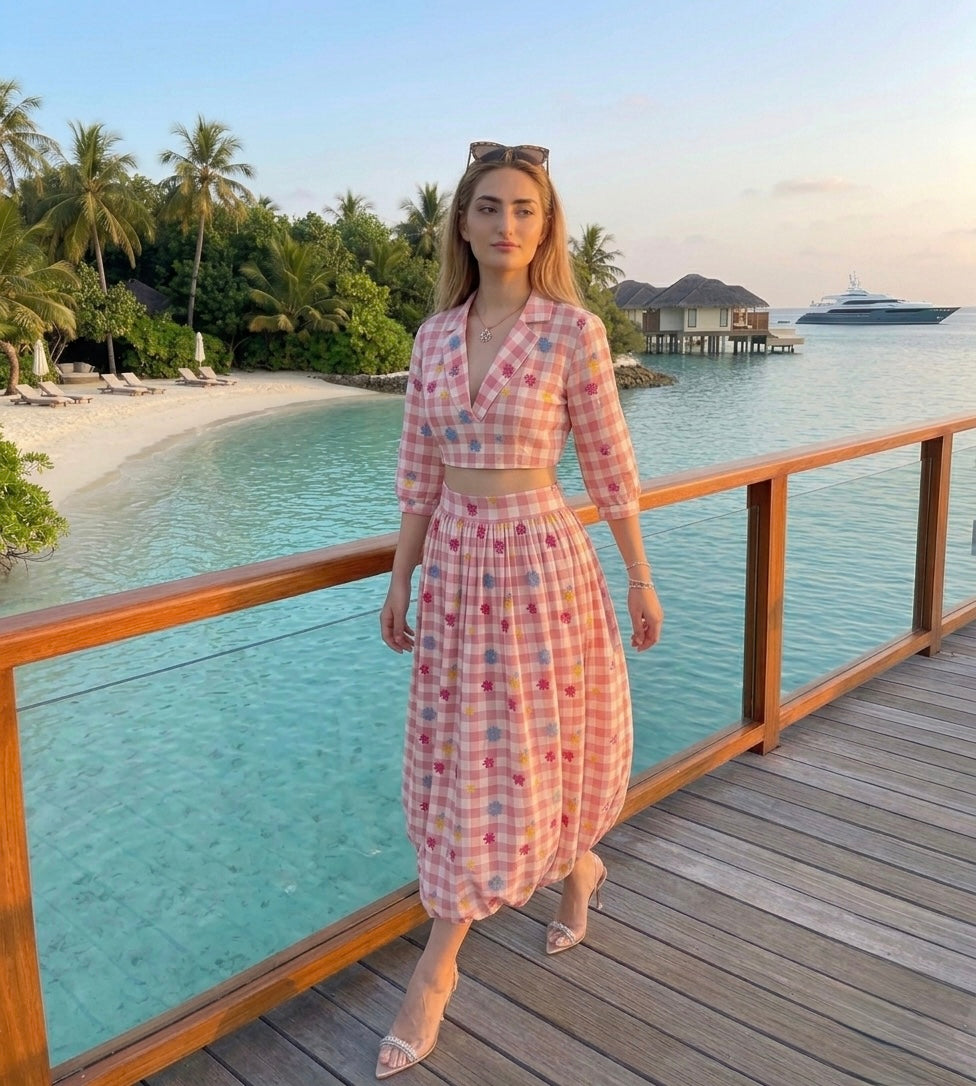 Pankh Rezmi Gingham Print Crop Top & Balloon Skirt Coord Set