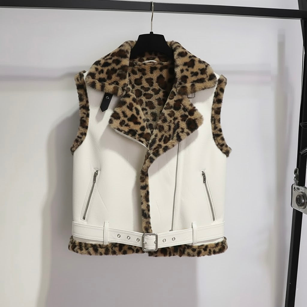 Pankh Laurie Leopard Fur and Leather Sleeveless Teddy Jacket