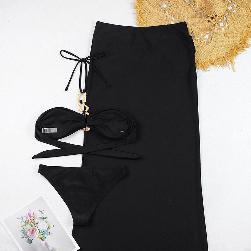 Pankh Akif Halter Neck Premium Quality 3 Piece Swimsuit With Stylish Buckle Skirt