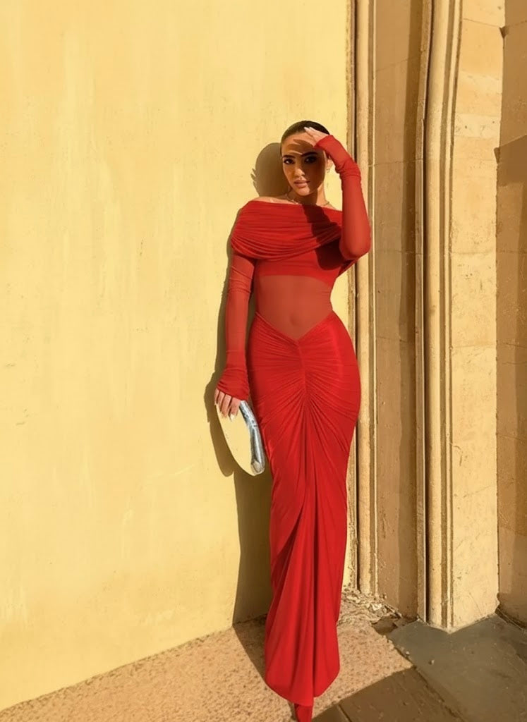 Pankh Luxe Kyra Long-Sleeve Off Shoulder Bodycon Dress