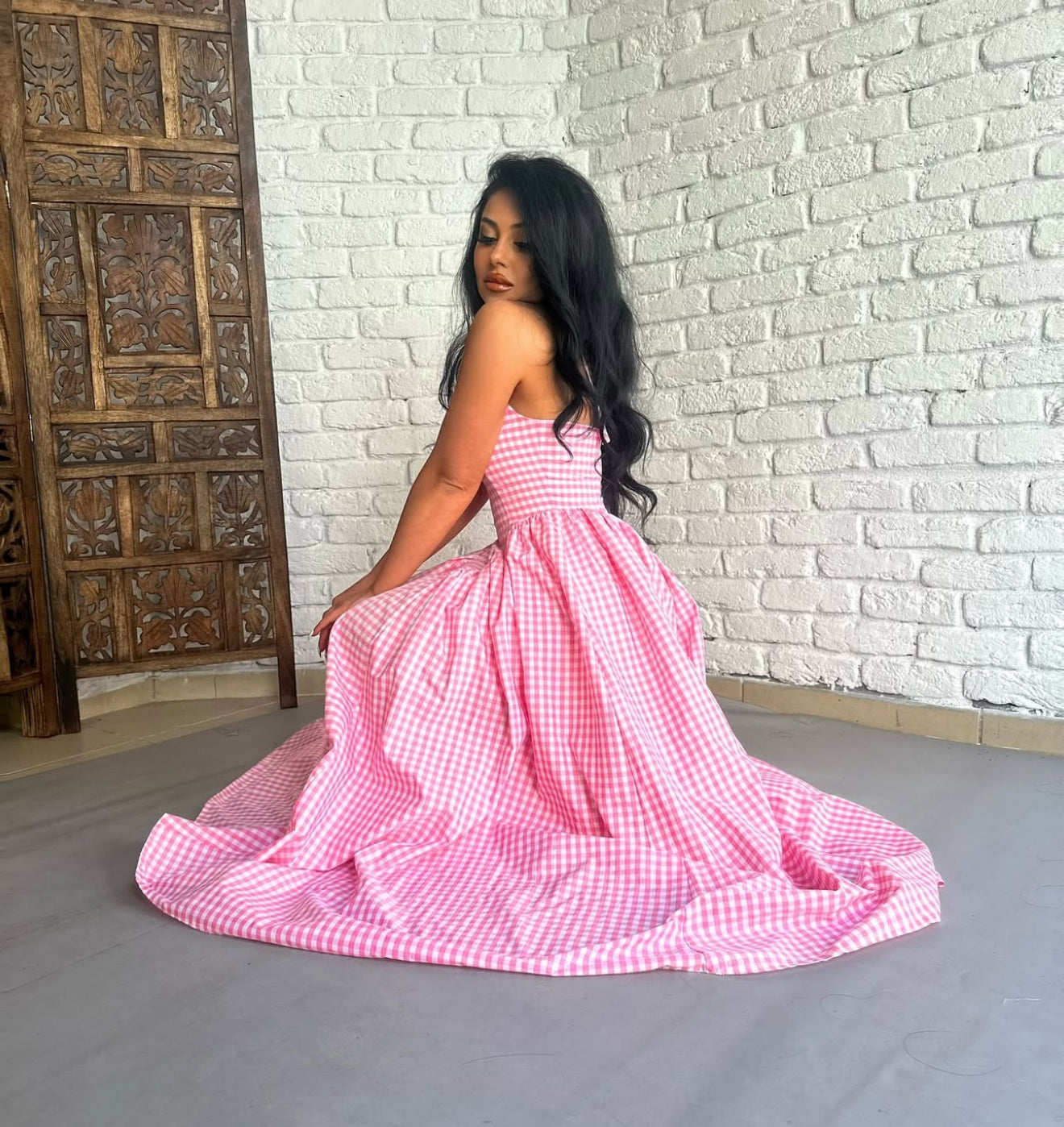 Pankh Luxe Anee Halter Neck Long Flaired Gingham Maxi Dress