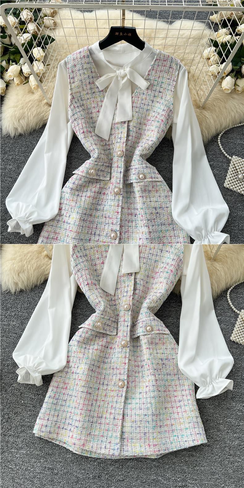 Pankh Kira Bow Tie Shirt & Multicolor Tweed Dress Set