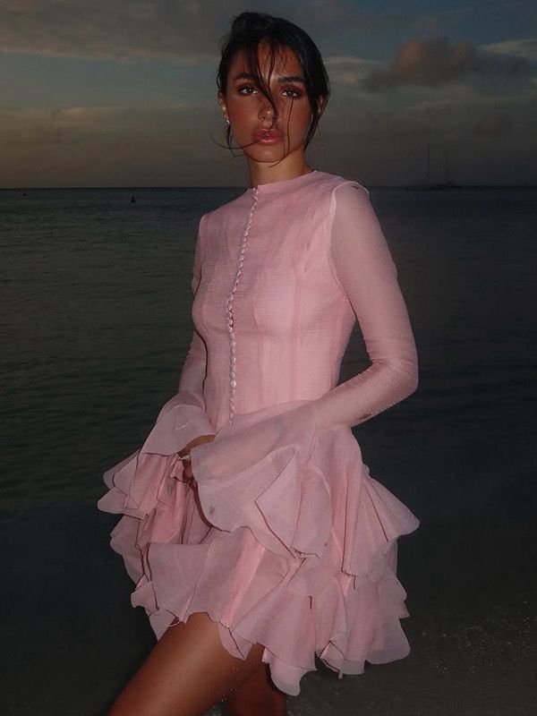 Pankh Eliena Ruffle Button Flare Sleeve Mini Dress