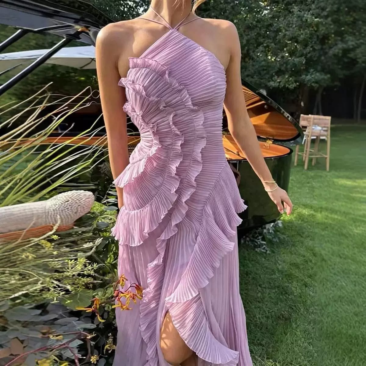 Pankh Veronika Elegant Pleated Sleeveless Ruffle Halter Neck High-Low Dress