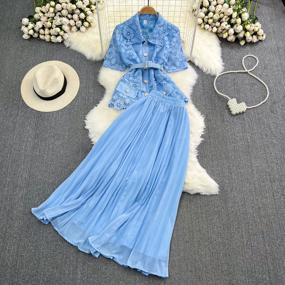 Pankh Kylie Crochet Lace Chiffon Blazer And Pleated Skirt Set With Belt