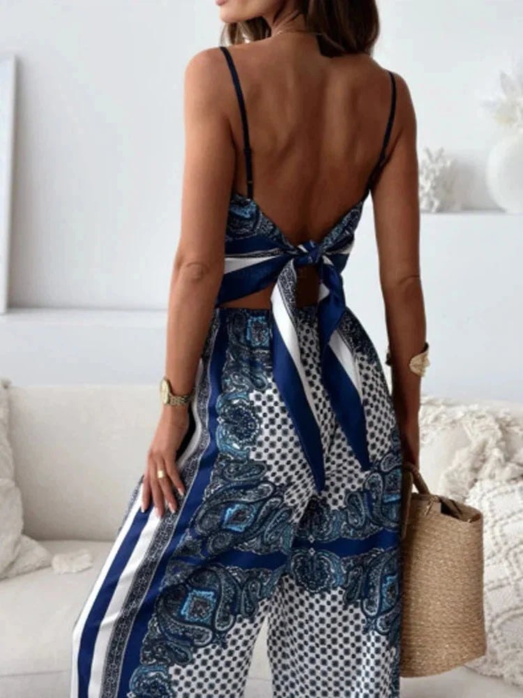 Pankh Shanley Vintage Floral Printed Backless Tie Back Crop Top And Pant Set