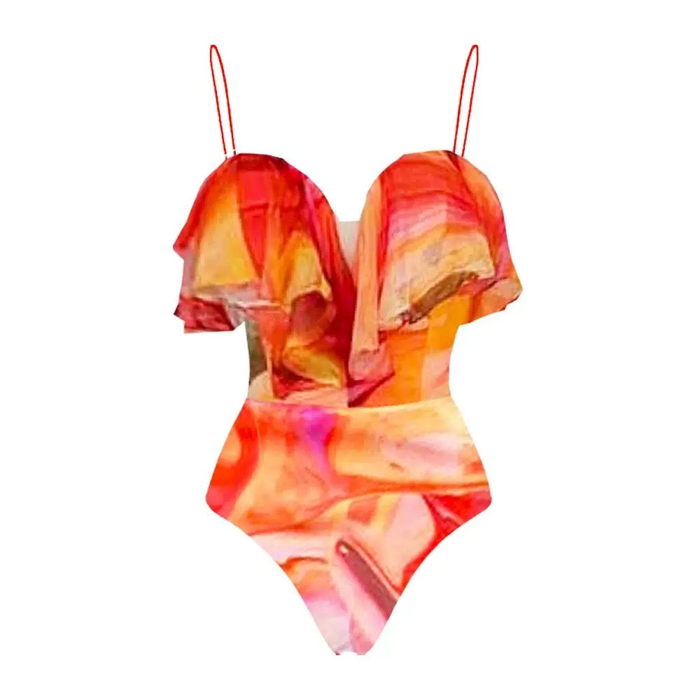 Pankh Ciara Elegance Tie And Dye Ruffle Monokini With Ruffle Skirt Set