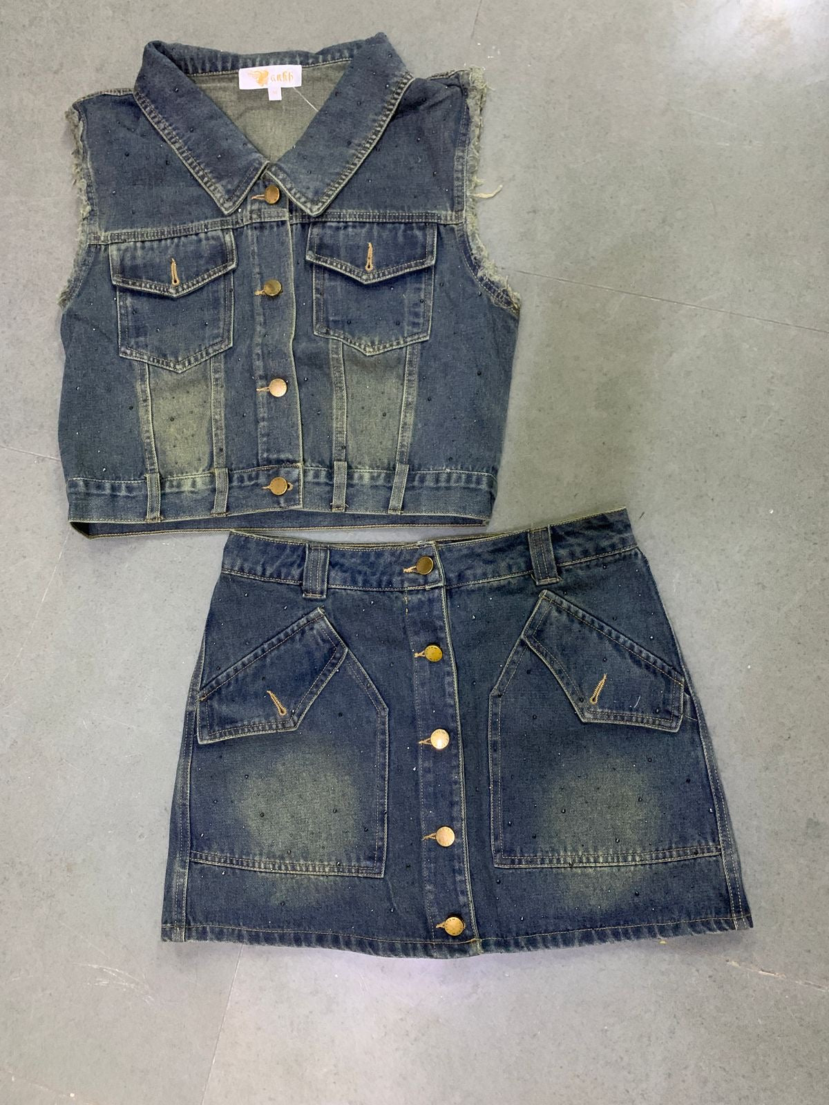 Pankh Dilan Stone Embellished Denim Sleeveless Jacket and Skirt Set