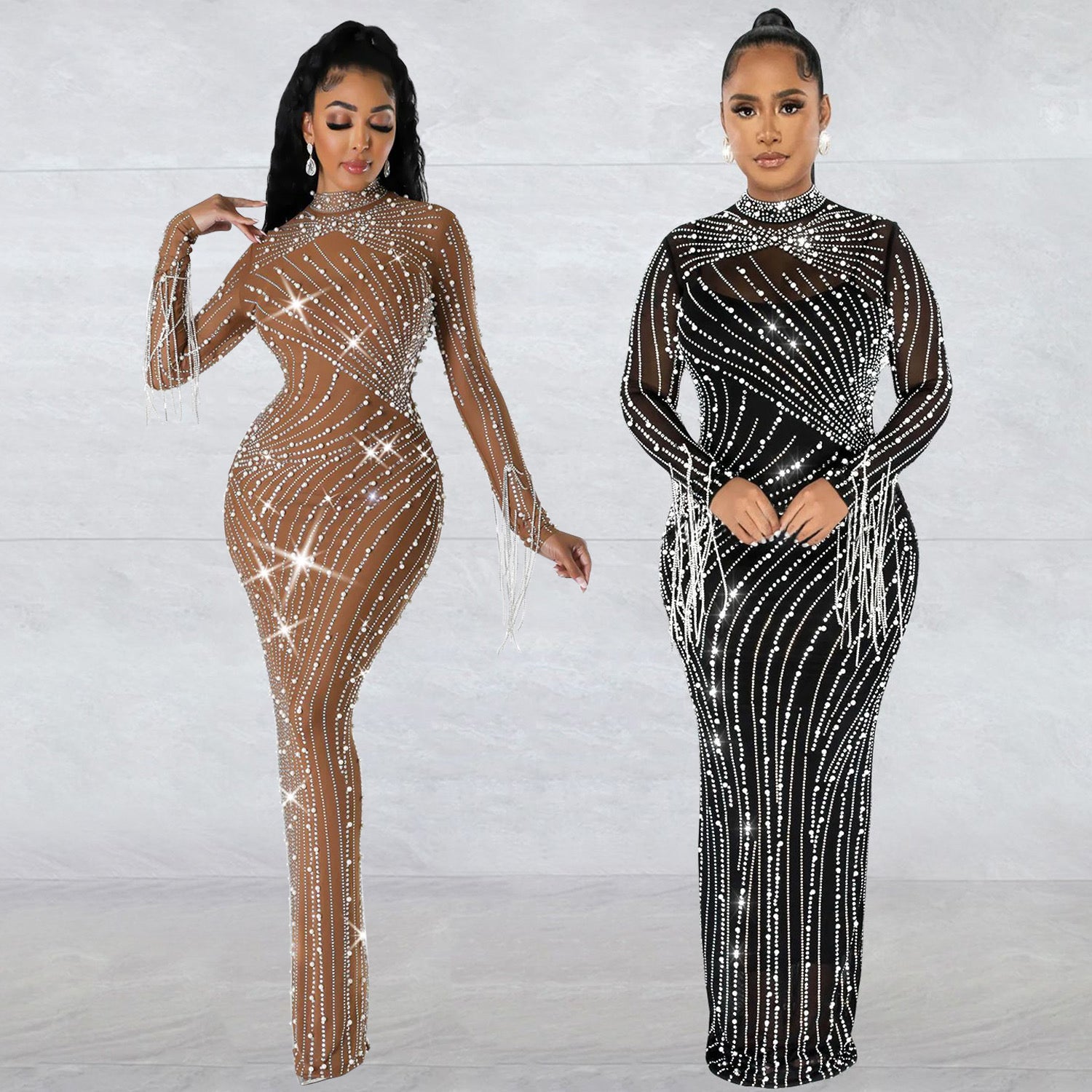Pankh Grace Rhinestone Embelished Maxi Party Wear Sheer Dress with Bodysuit