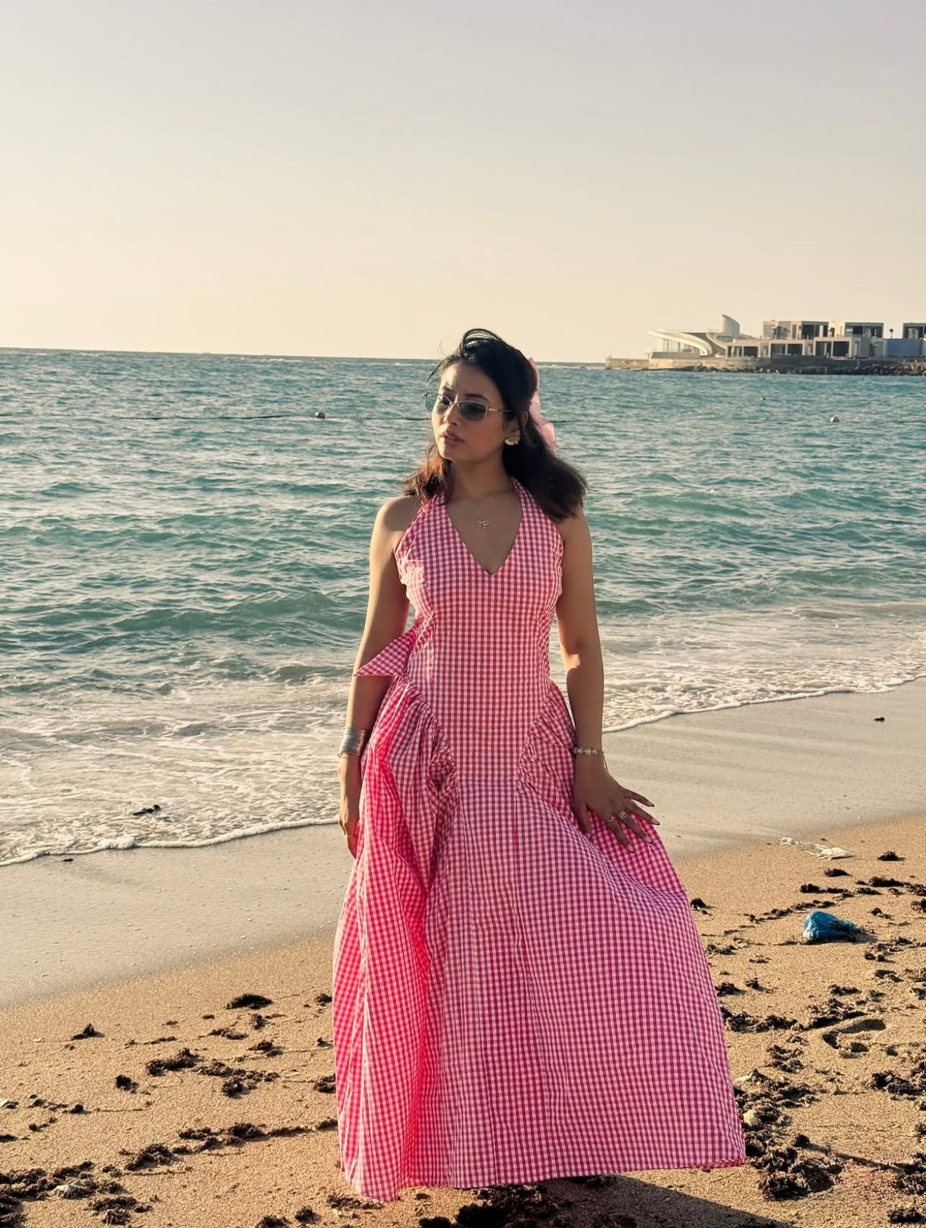 Pankh Luxe Anee Halter Neck Long Flaired Gingham Maxi Dress