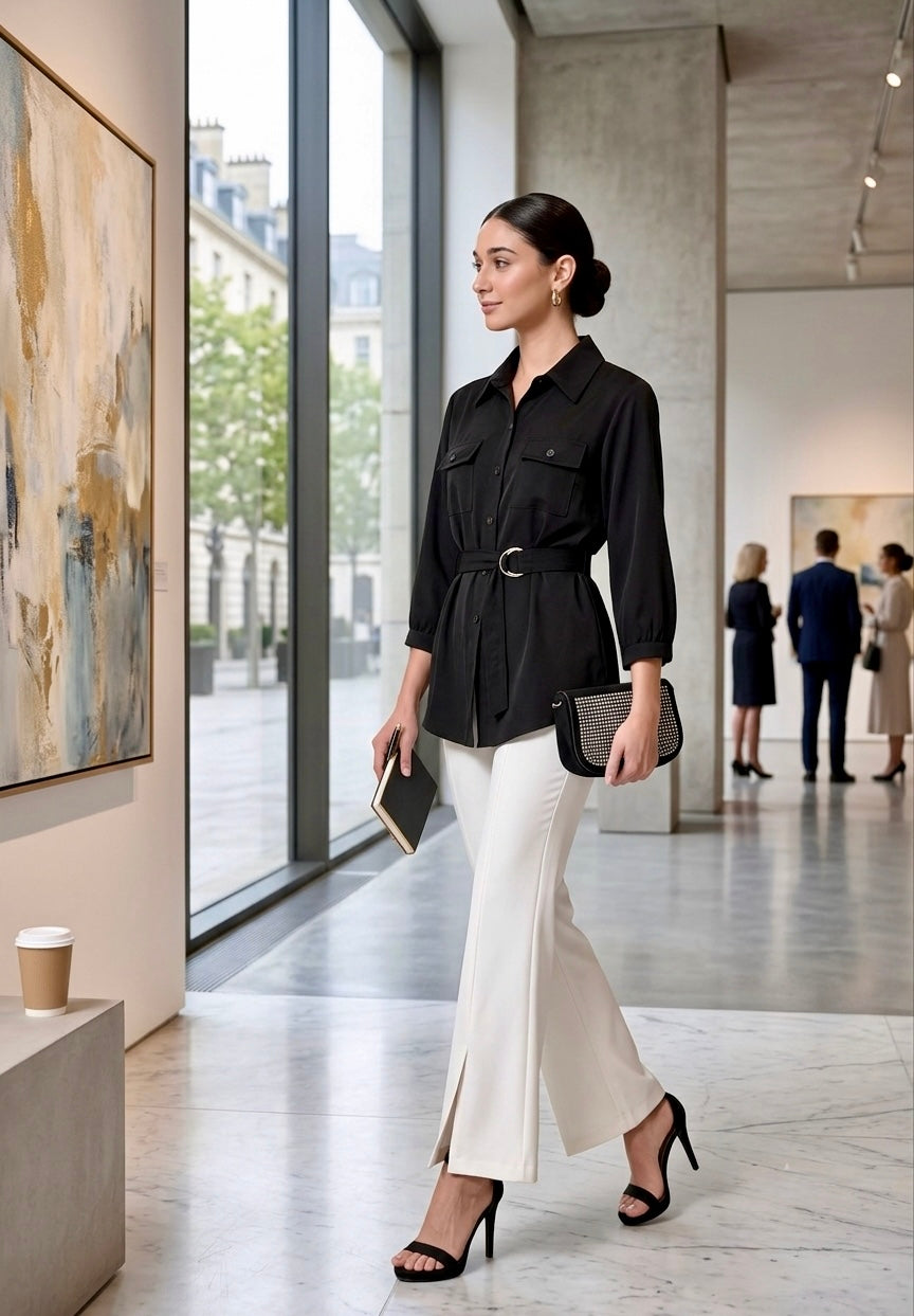 Pankh Dixie Black Belted Shirt & White Side Slit Pant Set