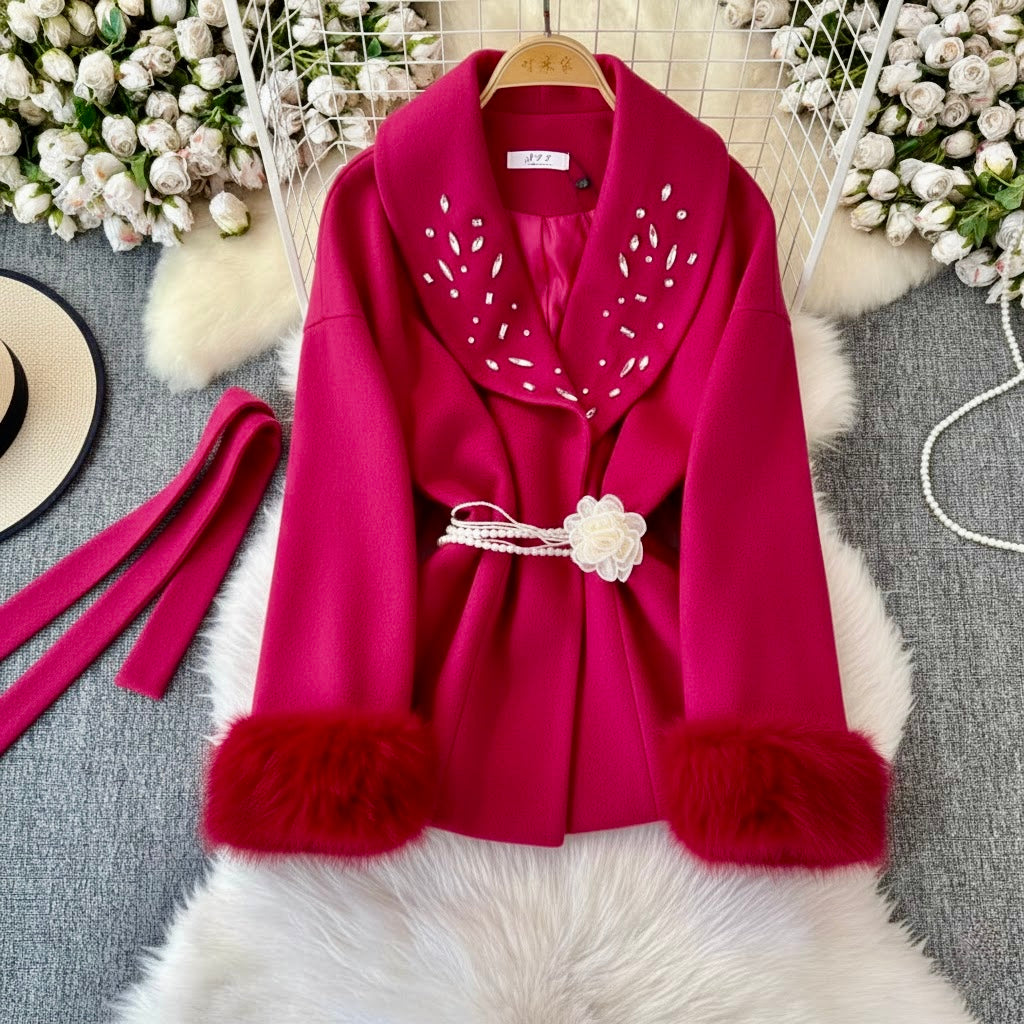 Pankh Miami Luxury Woolen Stone Embelished Woolen Blazer withFur Sleeves