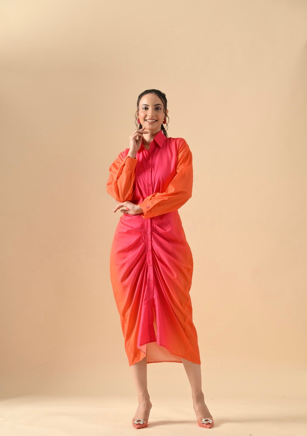 Pankh Rosie Casual Printed Tie Wrap Ruched Maxi Shirt Dress