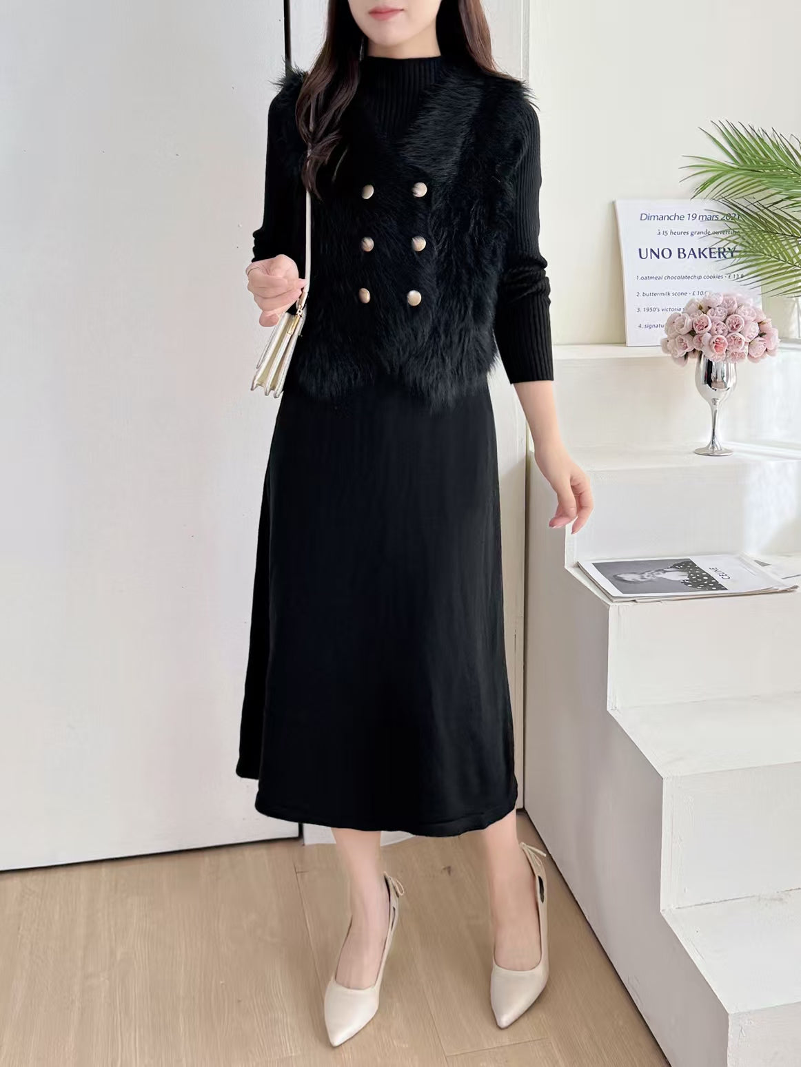 Pankh Huneza Woolen Dress with Fur Waist Coat Set