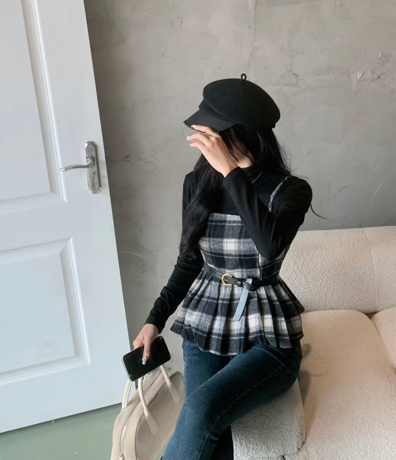 Pankh Meeko Check Plaid Woolen Jacket and Knit Top Set