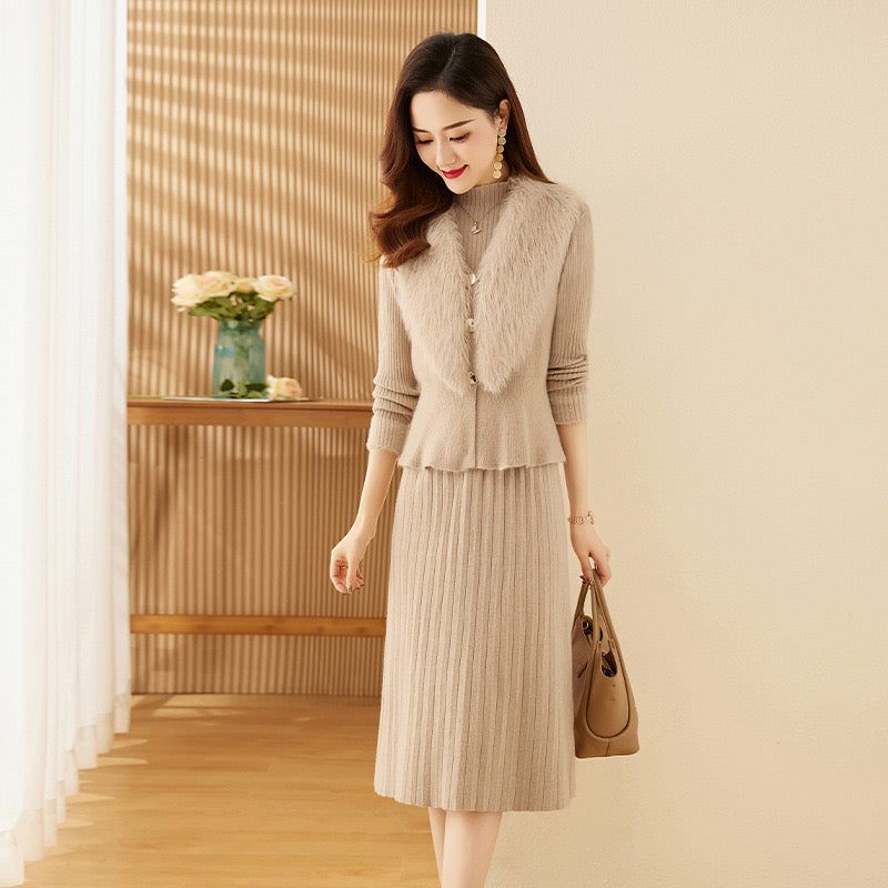 Pankh Leveda Wool Dress and Fur Collar Jacket Set